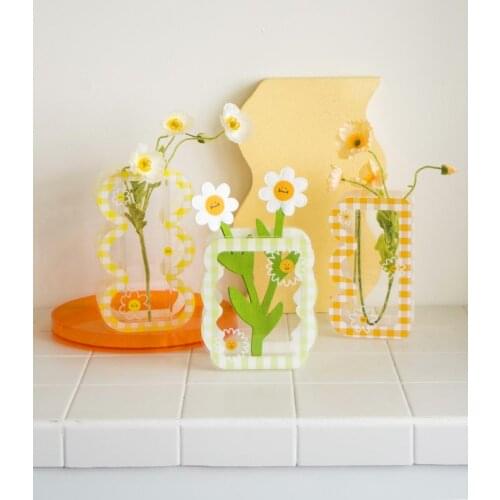 2pcs Transparent Plaid Vase Acrylic Dried Fresh Flowers Container Flower Arrangement Hydroponic Flower Home Desktop Decoration