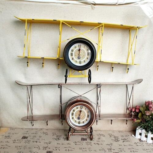 Retro Airplane Model Rack Wall Organzier Decoration Wall Hanging Propeller Hook Clock Creative Wrought Iron Home Decoration