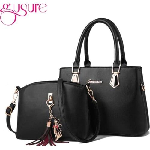 Gusure Women PU Leather Tassel Handbags Solid Color Small Shoulder Bag Large Capacity Tote Composite Set Crossbody Bags 2pcs