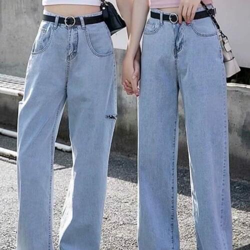 Spring Winter 2020 fashion new high waist ripped mopping jeans women Korean loose and thin fashion wide-leg daddy pants