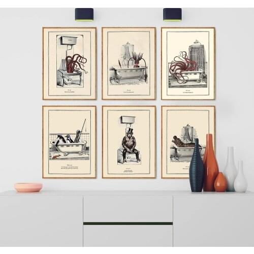Vintage Octopus Penguin orangutan Print Funny Toilet Wall Art Poster Retro Gothic Steampunk Wall Pictures Canvas Painting Decor