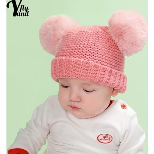 Yundfly Toddler Solid Color Knitting Wool Caps Comfortable Warm Baby Furball Hats Newborn Headwear Hair Accessproes Photo Props
