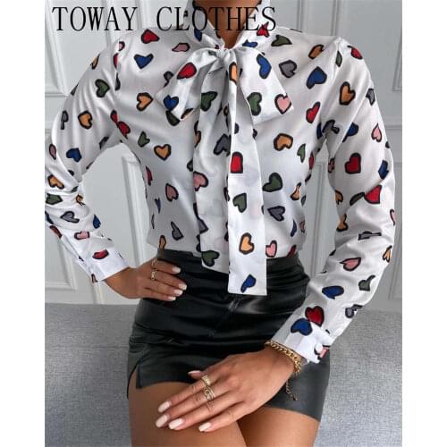 Women Heart Print Tie Neck Satin Shirt Casual Long Sleeve Blouse Office Ladies Elegant Outfits