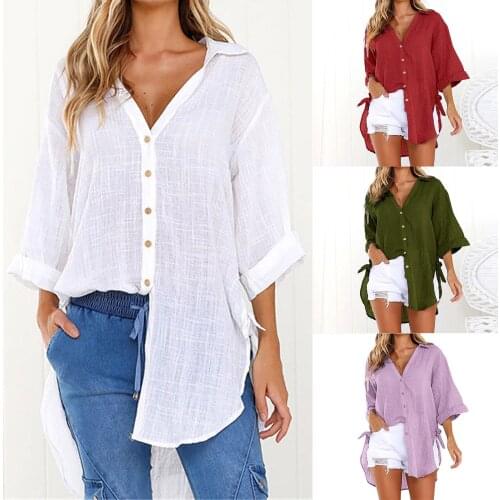 Womens Loose Button Long Blouse Shirt Dress Cotton Ladies Casual Tops Casual Tops Shirt Blouse Blusas Y Camisas Femme De Mujer