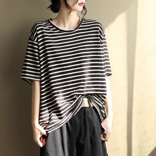 2021 New T-shirt Women Summer Loose Striped Tops Women O-Neck Short Sleeve Casual Vintage Pullovers T-shirt