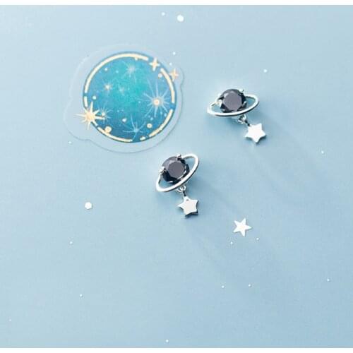 MloveAcc 100% 925 Sterling Silver Sparkling Star & Planet Black CZ Stud Earrings for Women Party Jewelry Anniversary Gift