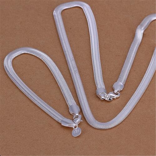 High quality 925 sterling Silver Fine 6MM Soft Flat Snake Bone Chain Bracelets necklace Jewelry set Women men Fashion Party gift