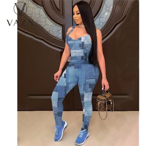 VAZN 2021 New Bandage Bodycon Sexy Jean Blue Women Sleeveless Strapless Print Party Beach Jumpsuits Full Pant Bandage Rompers