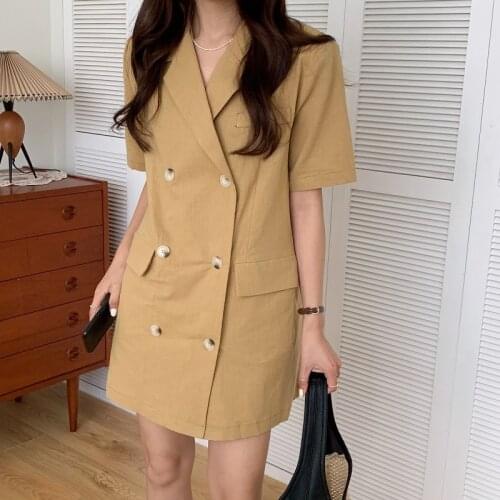 2021 Summer Fashion New Solid Color Cotton And Linen Lapel Suit Double-Breasted Loose Temperament Short Dress Female Trend H041