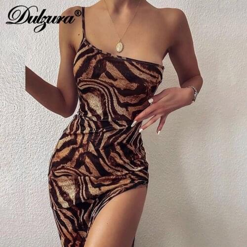 Dulzura tiger animal print women maxi dress one shoulder strap high slit bodycon sexy party streetwear slim 2020 summer holiday