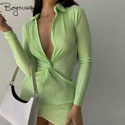 Beyouare Elegant Kink Sexy Women Mini Dress Polo V Neck Long Sleeve Slin Bodycon Dresses 2021 Autumn Solid Streetwear Club Party