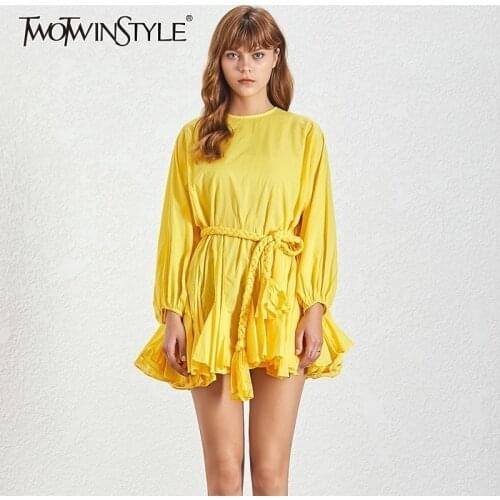 TWOTWINSTYLE O Neck Long Sleeve Summer A Line Women Dress High Waist Bandage Bow Slim Mini Solid Dresses Ladies Fashion New 2020