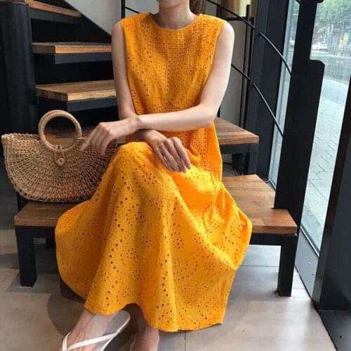 Simple round collar temperament hollow crochet loose over-knee long sleeveless vest dress for women 0614