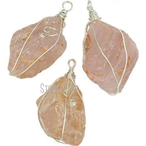 H-CP30 10pcs Raw Crystal Rose Quartzs Pendant with Gold Wire Wrapped Water Drop Pendant Approx 25mm