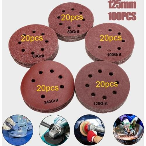 100pcs 125mm 60 80 100 120 240 Grit Round Shape Sanding Discs 8 Hole Sander Each of 20 Buffing Sheet Sandpaper Polishing Pad