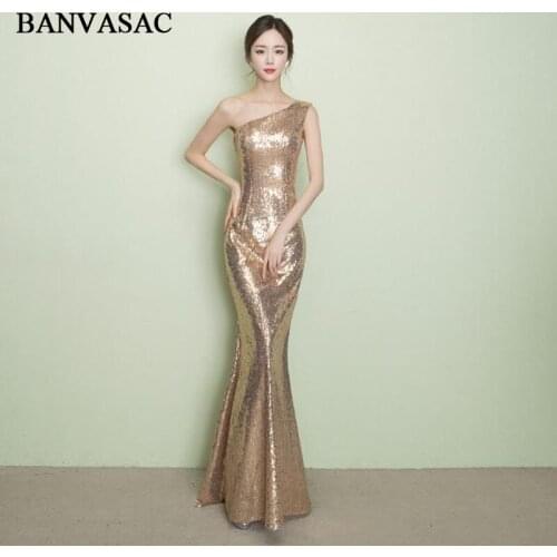 BANVASAC 2018 Elegant Sequined One Shoulder Mermaid Long Evening Dresses Gold Sleeveless Backless Party Prom Gowns