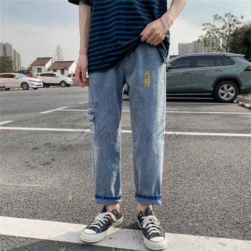 Free Shipping 2020 Mens Spring / Summer New Mid-Waist Straight Ankle-Length Jeans Loose Wide Leg Teen Casual Pants