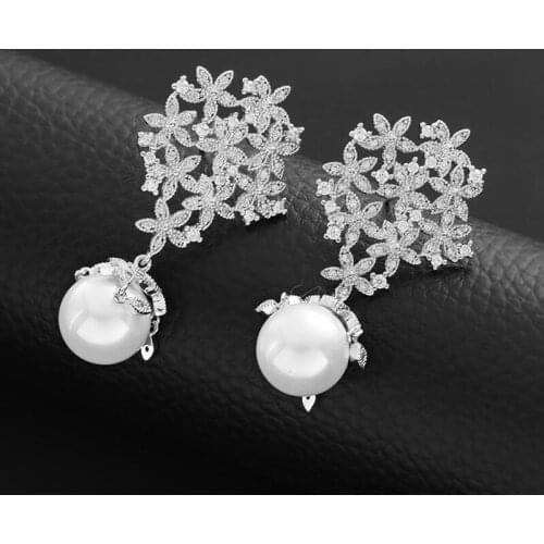 High Quality Cubic Zirconia Long Dangle Drop silver colour Pearl Earrings Jewelry For Women Wedding Party
