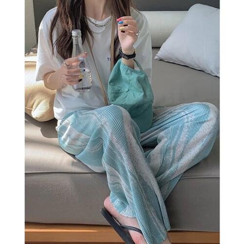 Tie Dye Elastic Wide Leg Pant Cyan Black Korean Fashion Fluid Trousers Summer Clothes For Women Plus Size Baggy Pants Streetwear