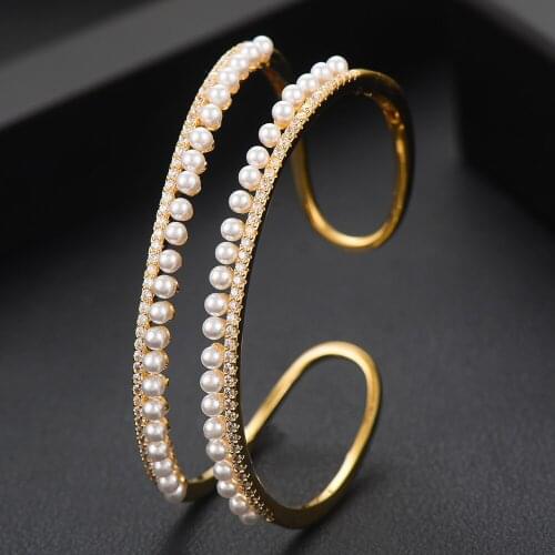 GODKI 2020 Luxury 2ROWS Pearl Cuff Bangles For Women Wedding Bagutte Cut Cubic Zircon Crystal CZ Dubai Bracelet Party Jewelry