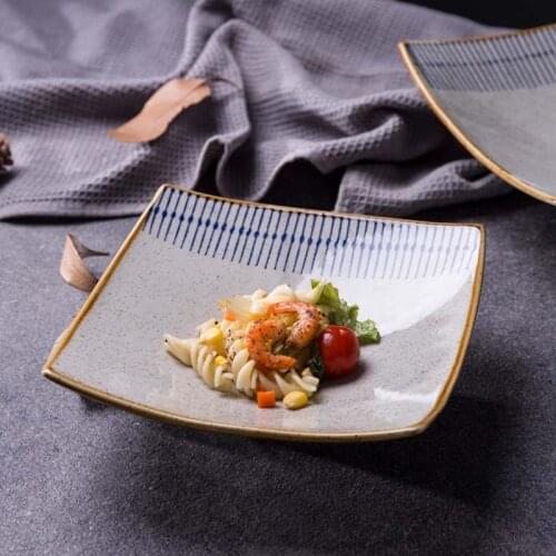 Ceramic high-foot square plate, sushi plate, dessert plate, dumpling plate, fruit salad plate, soup plate, restaurant commercial