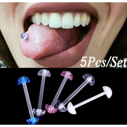 5Pcs/Set Mixed Acrylic Ball Tongue Ring Soft Mixed Ball Tongue Ring Navel Nipple Barbell Rings Bars Body Jewelry Piercing