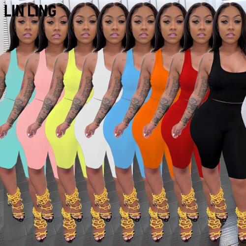 LINLING Sport Women Solid Color 2 Piece Set O-neck Mini Tank Tops Shorts Jogger Sweatpants Suit Tracksuit Matching Set Outfit
