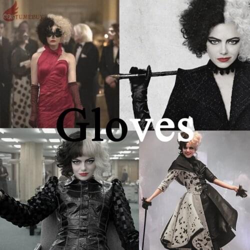 Movie Cosplay Evil Madame Cruella De Vil Gloves Fit Cruella Cosplay Red Dress Black White Maid Dress Black Coat Halloween Party