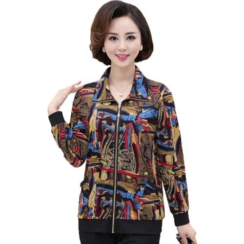 Middle-aged and Elderly Womens Jackets Spring Summer Autumn Coat Zipper Printing Casual Jacket Female Tops Mother Loaded K472