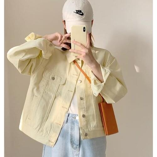 Spring Autumn Single Breasted Yellow Black Jeans Jackets Korean Solid Loose Pockets Denim Coats Fashion Streetwear Jacket Women
