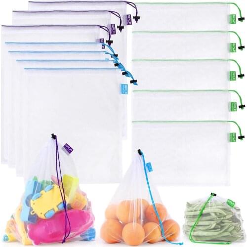50pcs Reusable Polyester Mesh Bags Eco friendly Washable Net Shopping Bags with Drawstring for Nut Fruit Vegetable Toys Storage