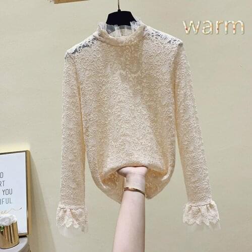 Fashion Women Blousees Lace Bottoming Shirt Autumn New Hollow Long Sleeve Winter Wear Round Neck Women Sexy Plus Size 5XL Y52