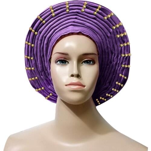 Fashion Already Made Auto Gele Aso Oke Material African Women Party Headtie Turban Cap