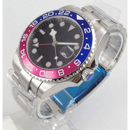 40MM Sterile Black Dial Sapphire glass Date Luminous Red Blue Bezel Steel Bracelet GMT Automatic Movement Mens Watch