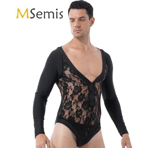 Mens Lingerie Sexy Body Suit See-through Floral Lace Patchwork Bodysuit Rompers Deep V Neck Long Sleeve Button Leotard Nightwear
