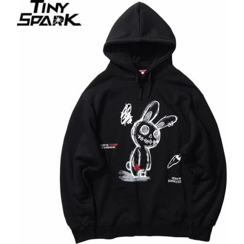 Men Hip Hop Streetwear Hoodie Harajuku Sweatshirt Hurting Rabbit Carrot Print Pullover Cotton Casual Hooded Sweatshirt Black