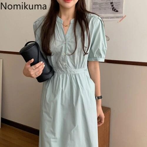 Nomikuma Elegant Midi Dress Women Korean Fashion Solid Color Short Sleeve High Waist Shirt Dresses Female 2021 Summer Vestidos