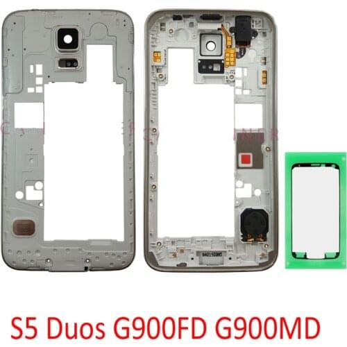Original Middle Frame For Samsung S5 Duos G900FD G900MD Phone New Housing Cover With Power Volume Button With Camera Lens + Glue