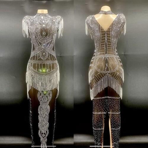 Sexy Mesh Tassel Dress Women Stage Costume Rhinestones Evening Dresses Prom Host Wear Nigtchub Bar Singer Clothing VDB3965