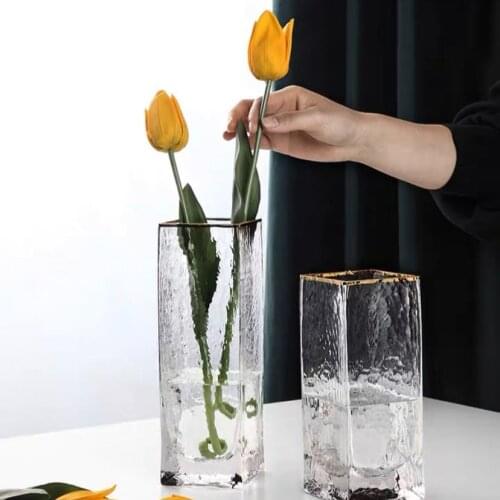 Glass Heart Vase Gold Square Mouth Living Room Transparent Flower Arrangement Creative Decoration Utensils Table Hydroponics