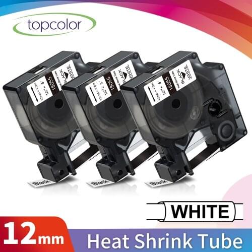 Topcolor 3PK 18055 Compatible Dymo Label Tape 12mm Black on White Industrial Label Heat Shrink for Rhino 5200 4200 Label Maker