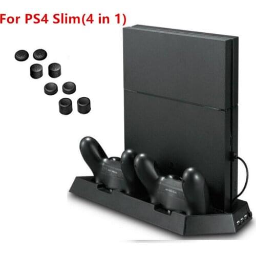 PS4 Slim Vertical Stand with Cooling Fan Controller Charging Station with Dual Charger for Playstation 4 Slim Console Cooler