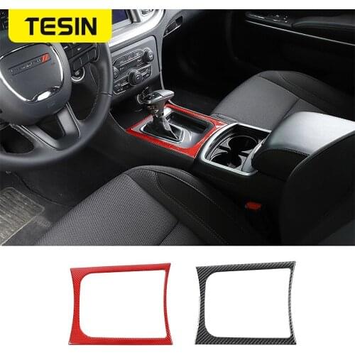 TESIN Interior Mouldings Car Gear Panel Decorative Cover Stickers Carbon Fiber Sticker For Dodge Charger 2015+ Accessories