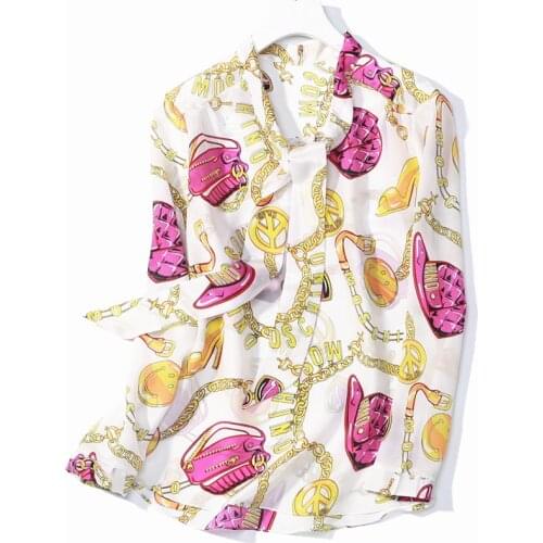 100% natural silk Blouses OL print Long Sleeve Real Silk Bow Tie Blouse Tops for women Office Wear Shirts work Blouses