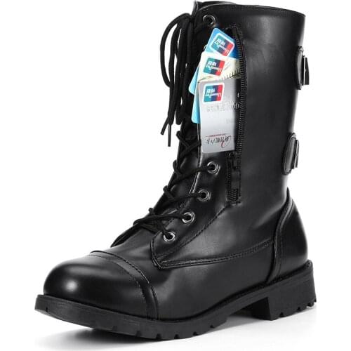 Flat Platform Boots Women Shoes with Pockets Autumn Winter Lace-up Zipper Leather Boots Female Boats Ladies Shoes Bottes Femme