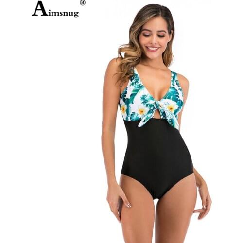 Aimsnug Women One-Piece Swimsuit Bohemian Flower Print Swimwear Sexy V-neck Onesie Bodysuit 2021 Patchwork Bow Tie Bathing Suit