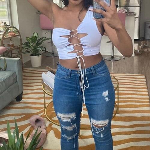 Womens Fashion Front Chest Bandage Solid Color One Shoulder Sexy Tank Top