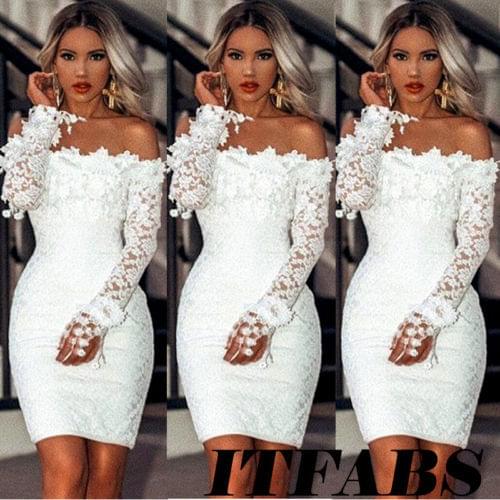 2019 Sexy White Lace Dress Long Sleeve Women Dress Bodycon Off Shoulder Lace Wedding Party Clubwear Evening Short Mini Dress