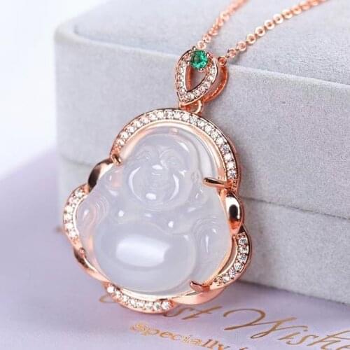 Luxury Rose Gold 925 Sterling Silver Necklaces For Women Natural White Jade Buddha Pendants Necklaces Prayer Fine Jewelry Gifts