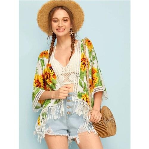 Neatie kiddie Sweet Floral Print Tassel Casual Coat Womens Clothes Three Quarter Sleeve V-neck Loose Bohemian Jacket